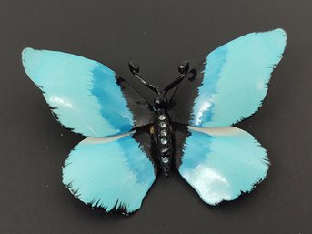 VINTAGE BLUE & BLACK ENAMEL ON METAL RHINESTONE BUTTERFLY BROOCH