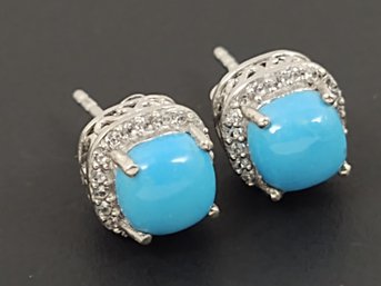 STUNNING STERLING SILVER TURQUOISE & WHITE TOPAZ STUD EARRINGS