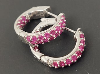 STUNNING STERLING SILVER RUBY HUGGIE HOOP EARRINGS