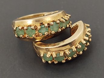 BEAUTIFUL GOLD OVER STERLING SILVER EMERALD HUGGIE HOOP EARRINGS