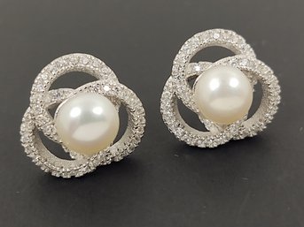 BEAUTIFUL STERLING SILVER 6mm PEARL CZ EARRINGS