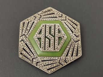 VINTAGE ART DECO STERLING SILVER MARCASITE MONOGRAMMED BROOCH