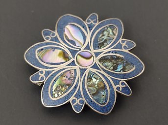 VINTAGE MEXICAN STERLING SILVER INLAID CRUSHED LAPIS & ABALONE BROOCH