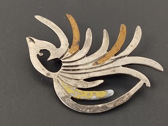 VINTAGE MEXICAN STERLING SILVER BRASS & COPPER BIRD BROOCH