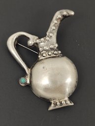 VINTAGE MEXICAN STERLING SILVER TURQUOISE WATER PITCHER BROOCH