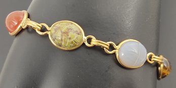 VINTAGE SIGNED BOJAR 14K GOLD FILLED EGYPTIAN REVIVAL STONE SCARAB BRACELET