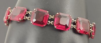 ANTIQUE ART DECO SILVER TONED RUBY RED GLASS BRACELET