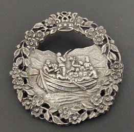 ANTIQUE NORWEGIAN ARTIST 'TINN' PEWTER BROOCH W/ BOAT SCENE