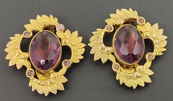 ANTIQUE ART NOUVEAU GOLD FILLED AMETHYST GLASS DRESS CLIPS