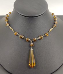 ANTIQUE ART DECO AMBER CZECH GLASS DROP PENDANT NECKLACE