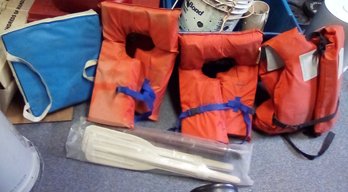 2 Stearns Life Preservers, 1 Adult Style 198 Preserver - The Safegard Corp., Flotation Cushion & Oars