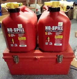 Large Filled Poly Toolbox & 2 New No Spill 5 Gallon Gas Can With Push-button Control