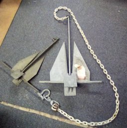 Two Boat Anchors - Large Hooker Brand With Coated Chain & Small Anchor