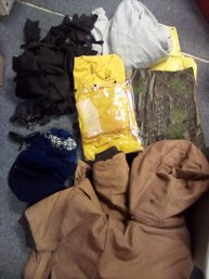 Hunters' 2XL Cotton Overalls, 35 Mil Three Piece Rainsuit, Winter Hats, Gloves, Sunglasses, Camo Overalls