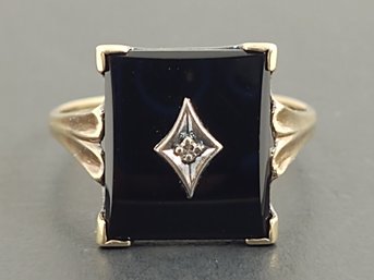 ANTIQUE ART DECO 10K ONYX & DIAMOND RING SIGNED CROSBY