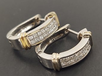 VINTAGE 14K WHITE GOLD 0.48ctw DIAMOND HUGGIE HOOP EARRINGS