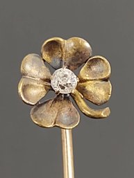 ANTIQUE ART NOUVEAU 14K GOLD 4 LEAF CLOVER DIAMOND STICK PIN