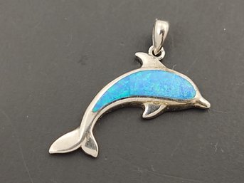 VINTAGE STERLING SILVER OPAL INLAY DOLPHIN PENDANT