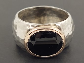 VINTAGE HAND HAMMERED STERLING SILVER 14K GOLD BLACK ONYX RING