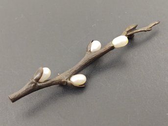 VINTAGE DESIGNER MICHAEL MICHAUD BRONZED BRANCH PEARL PUSSYWILLOW BROOCH