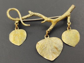 VINTAGE DESIGNER MICHAEL MICHAUD BRASS EUCALYPTUS LEAF BRANCH BROOCH