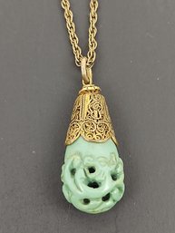 ANTIQUE CHINESE GILT SILVER CARVED TURQUOISE PENDANT ON GOLD FILLED NECKLACE