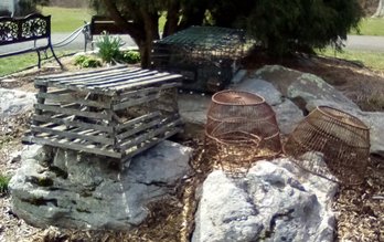 Vintage Wood Lobster Trap, Metal Lobster Trap & 3 Vintage Metal Baskets