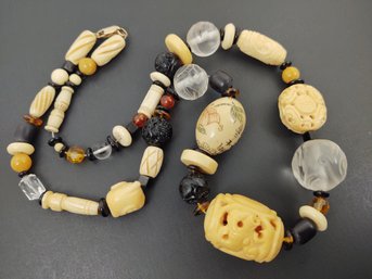 VINTAGE CHINESE CARVED BONE BLACK CINNABAR & CRYSTAL BEADED NECKLACE