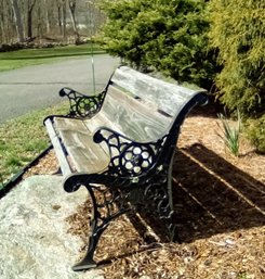 Rustic Looking Black Decorative Cast Metal & Wood Outdoor Bench