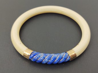 VINTAGE CHINESE 14K GOLD LAPIS & NATURAL CARVED BONE BANGLE BRACELET