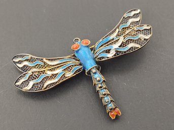 VINTAGE CHINESE STERLING SILVER FILIGREE ENAMEL DRAGONFLY BROOCH