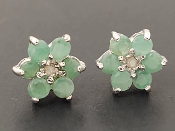 STUNNING STERLING SILVER EMERALD & DIAMOND FLOWER EARRINGS