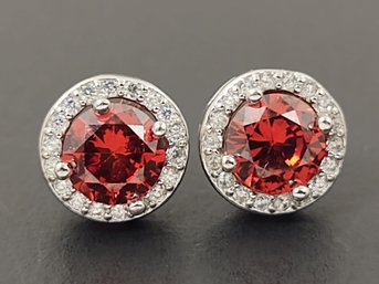 BEAUTIFUL STERLING SILVER RED CZ HALO STUD EARRINGS