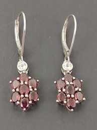 BEAUTIFUL STERLING SILVER GARNET CLUSTER & WHITE TOPAZ EARRINGS