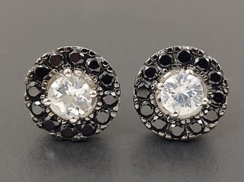 BEAUTIFUL STERLING SILVER WHITE TOPAZ & BLACK TOURMALINE EARRINGS