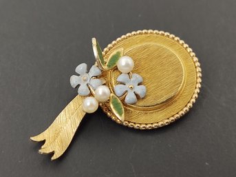 VINTAGE DESIGNER KREMENTZ 14K GOLD OVERLAY PEARL & ENAMEL FLOWER HAT BROOCH