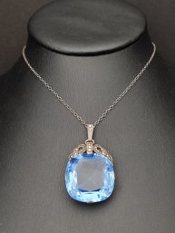 STUNNING ANTIQUE ART DECO STERLING SILVER BLUE GLASS MARCASITE PENDANT NECKLACE