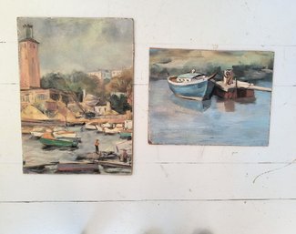 Two Charming Vintage Paint On Board Boat Scenes