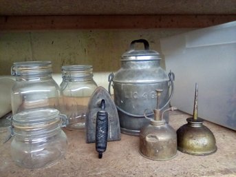 Vintage Liquid 4 Qt Growler Beer Tin, Brass Atomizer & Oil Can, Per Alimenti Italian Mason Jars