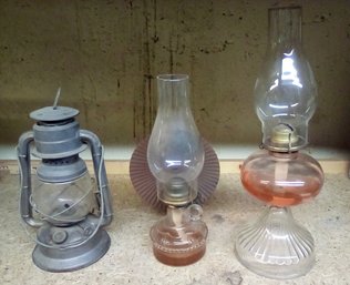 Dietz, NY Little Wizard Metal Lamp & 2 Eagle Glass Hurricane Lamps, One With Metal Reflector  & Handle