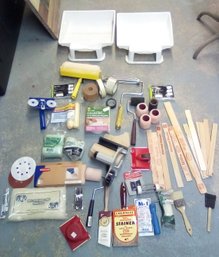 Painting Supply Lot - Brushes, Rollers, Tape, Wood Stirring Sticks, Caulkstrip, Razor & More