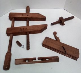 Antique Wood Tools - Clamp, Pulleys, Adjustable Dowel & Sharpening Tool Or Planer   DS/E4