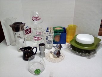 Barware Including Etched Crystal, Darien Dinner Theater & Schlitz Glasses, Coasters  & Thermos Trays KSS/B5