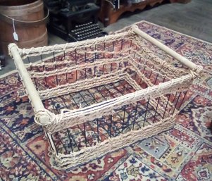 Large Metal & Rope Basket With Wood Dowel Handles Offers Many Uses       PP/CV3