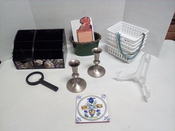 15 Piece Treasure Lot - Cynthia Rowley Desk Organizer, Hand Painted Tile, Candlestick Holders & More PP/E4