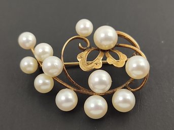VINTAGE 14K GOLD & PEARL BROOCH  MIKIMOTO STYLE