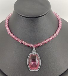 ANTIQUE ART DECO SILVER TONE FILGREE PINK GLASS FACETED BEADED NECKLACE