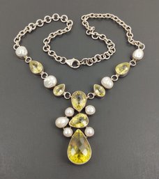 ABSOLUTELY STUNNING STERLING SILVER FACETED CITRINE & PEARL DROP NECKLACE