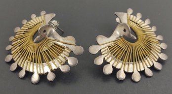 LARGE VINTAGE MEXICAN STERLING SILVER & BRASS WIRE PEACOCK EARRINGS