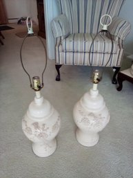 Pair Of Ceramic Ginger Style Lamps With Raised Floral Design     LR
